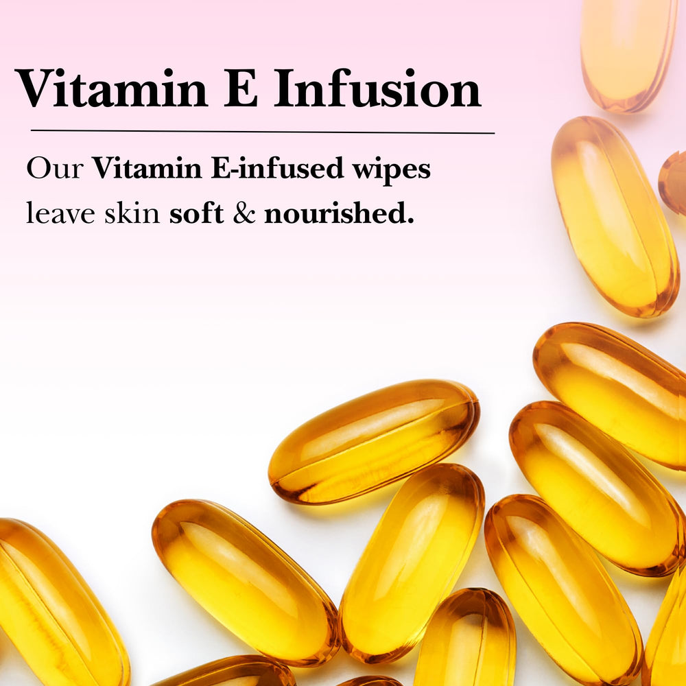 mivida vitamin-e-infused wipes image emphasizes nourishing touch during cleansing.