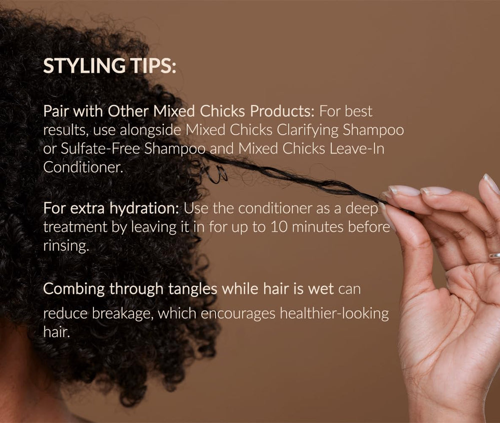 Mixed Chicks Bathroom routine image suggests convenient daily conditioning step.