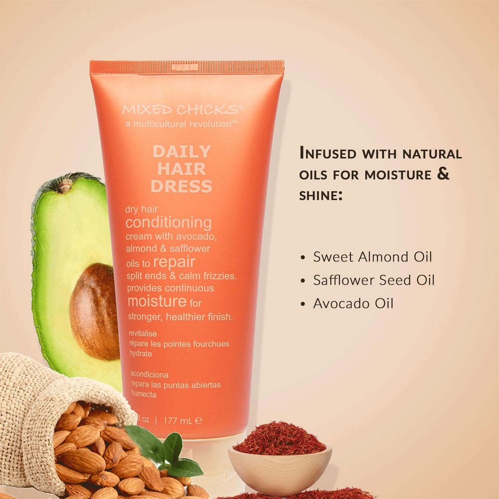 Mixed Chicks Daily Hair Dress oil ingredients list highlights almond, safflower, and avocado.