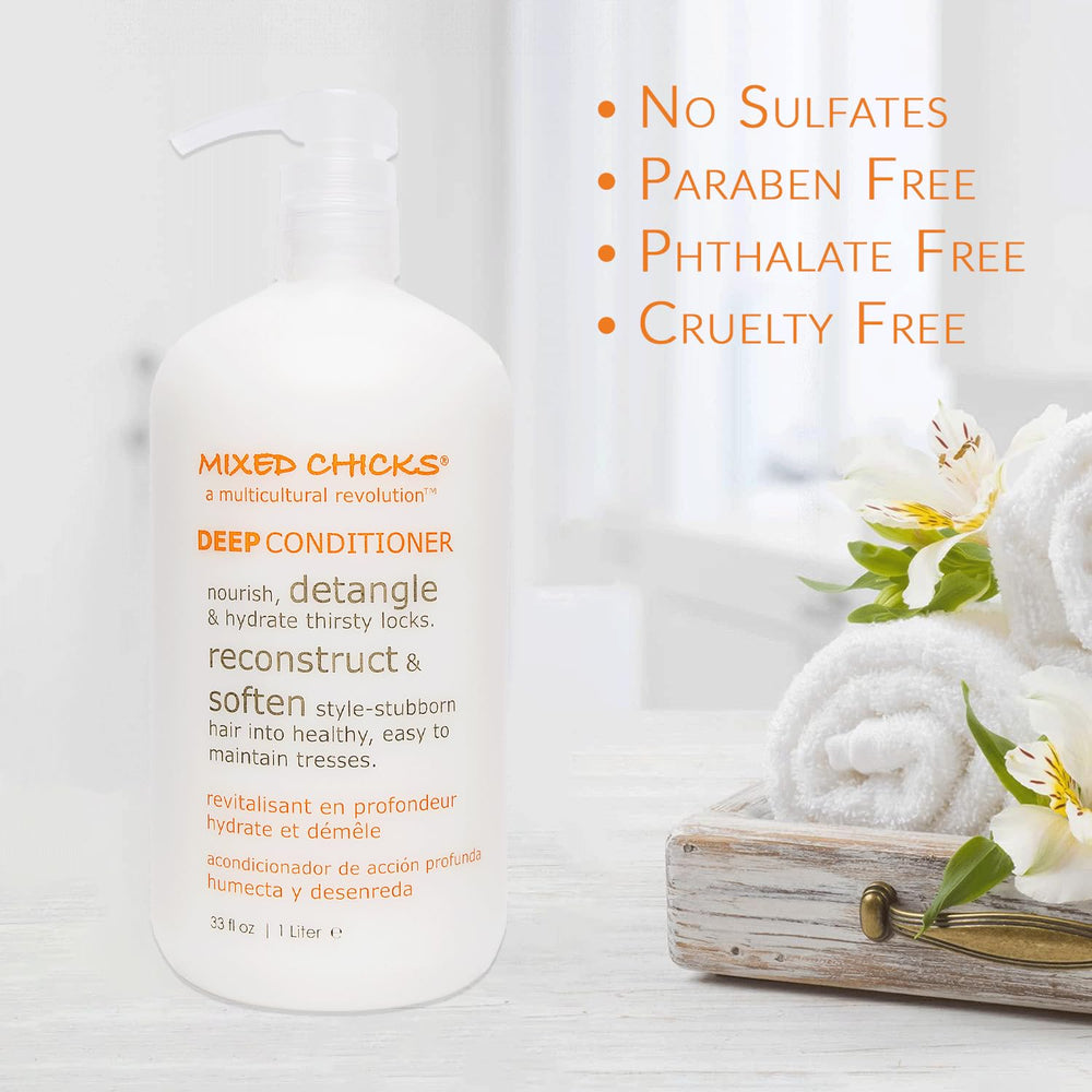 Mixed Chicks Detangling Deep Conditioner safflower oil close-up highlights nourishing moisture boost.