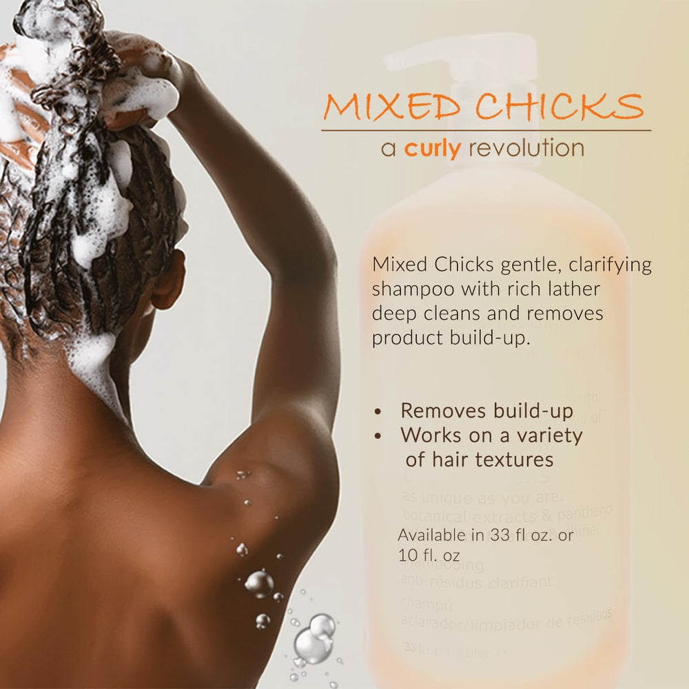 Mixed Chicks Gentle Clarifying Shampoo ingredients label highlights botanical extracts that nourish hair.