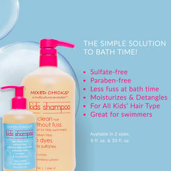 Mixed Chicks Gentle Kids Shampoo on kid hair shows curly, straight textures