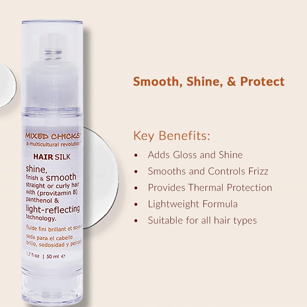 Mixed Chicks Gloss and Shining Hair Silk hands-on application for sleek styling.