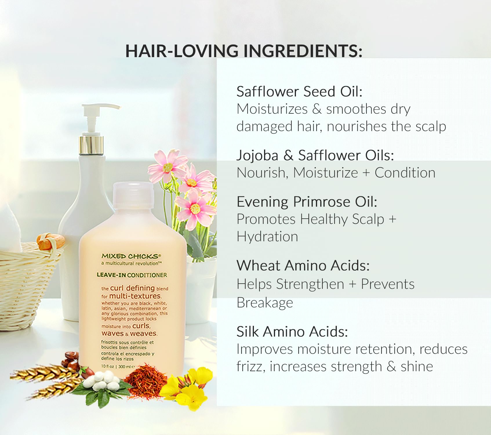 Mixed Chicks ingredients-jojoba-oil highlights nourishing shine benefits.