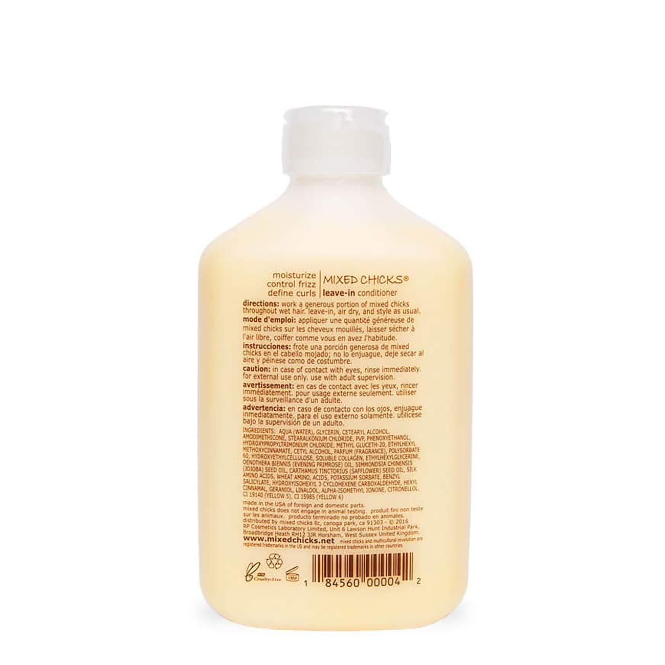 Mixed Chicks Leave-In bottle dispense shows easy, even application for frizz control.