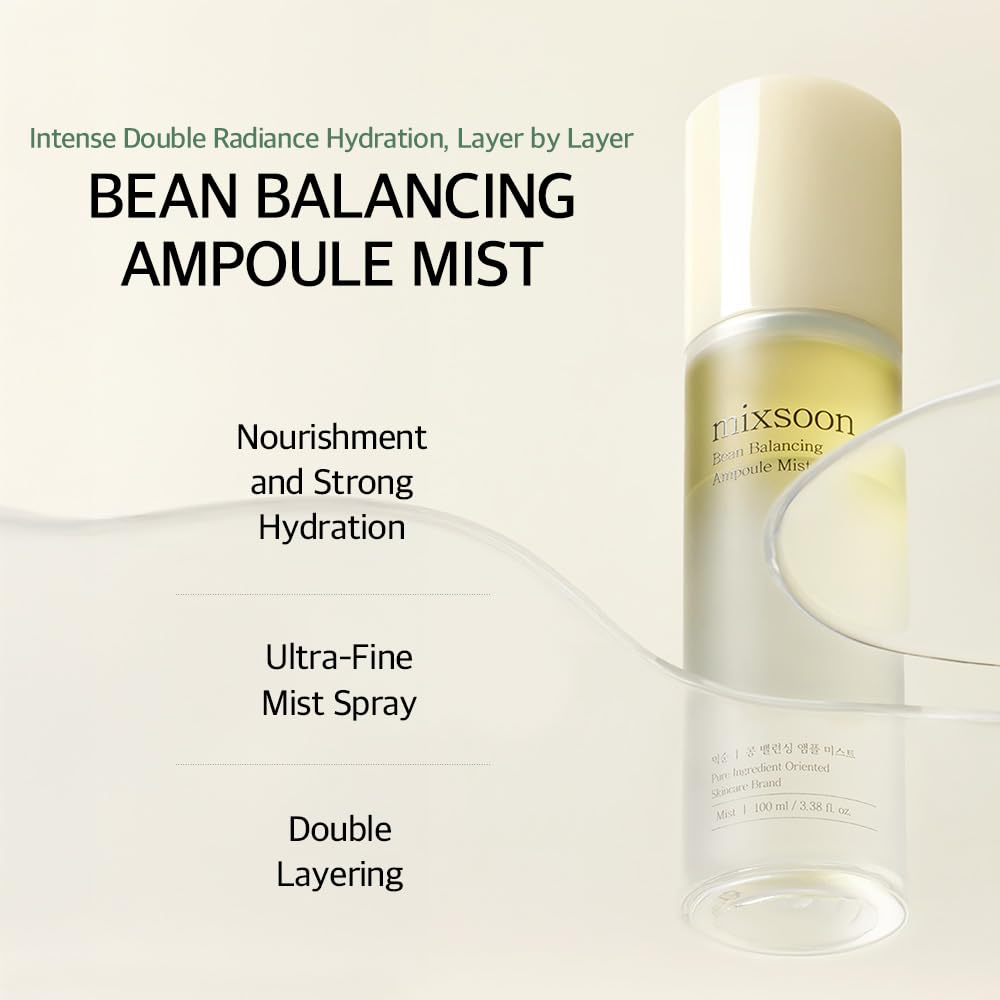 mixsoon Bean Balancing Ampoule Mist skin application demonstrates quick hydration on clean skin.