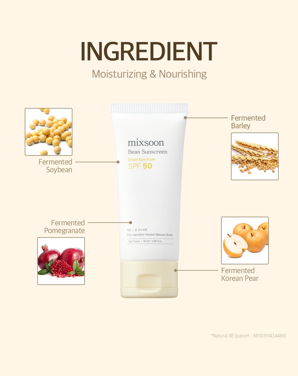 Mixsoon Bean Sunscreen natural ingredients like wheat sprout ferment illustration.