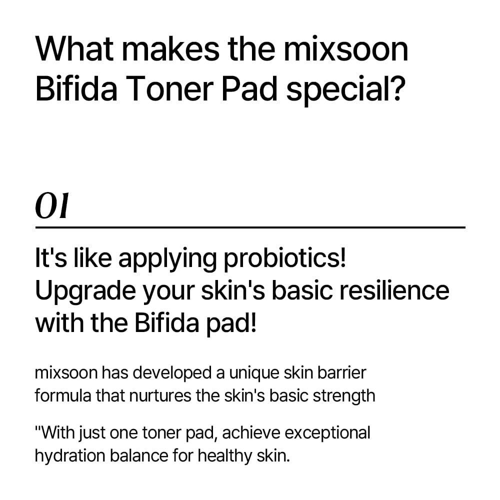 mixsoon bifida toner bottle alongside pads layout highlighting hydrating barrier-supporting routine