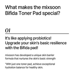 mixsoon bifida toner bottle alongside pads layout highlighting hydrating barrier-supporting routine
