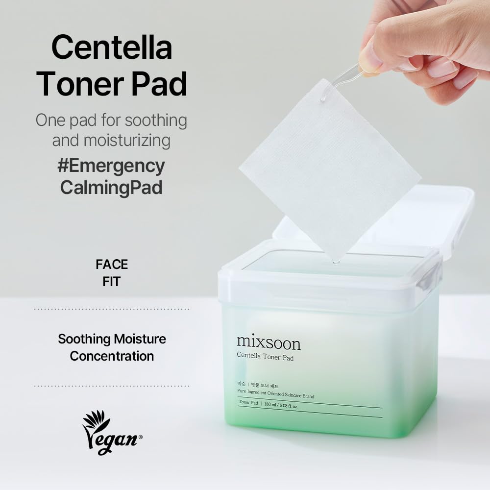 Mixsoon Centella Toner Pad sheets closeup highlights individual pads for calming hydration.