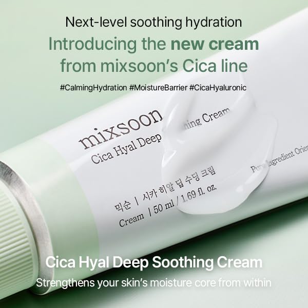 Mixsoon Cica Hyal Deep Soothing Cream texture closeup demonstrates creamy formula for daily use.