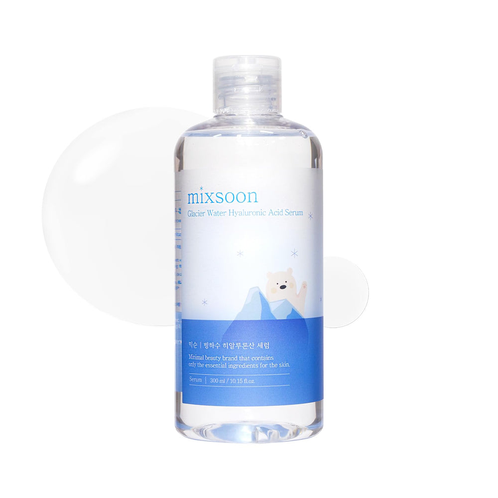 Mixsoon Glacier Water Serum bottle closeup highlights hydration.