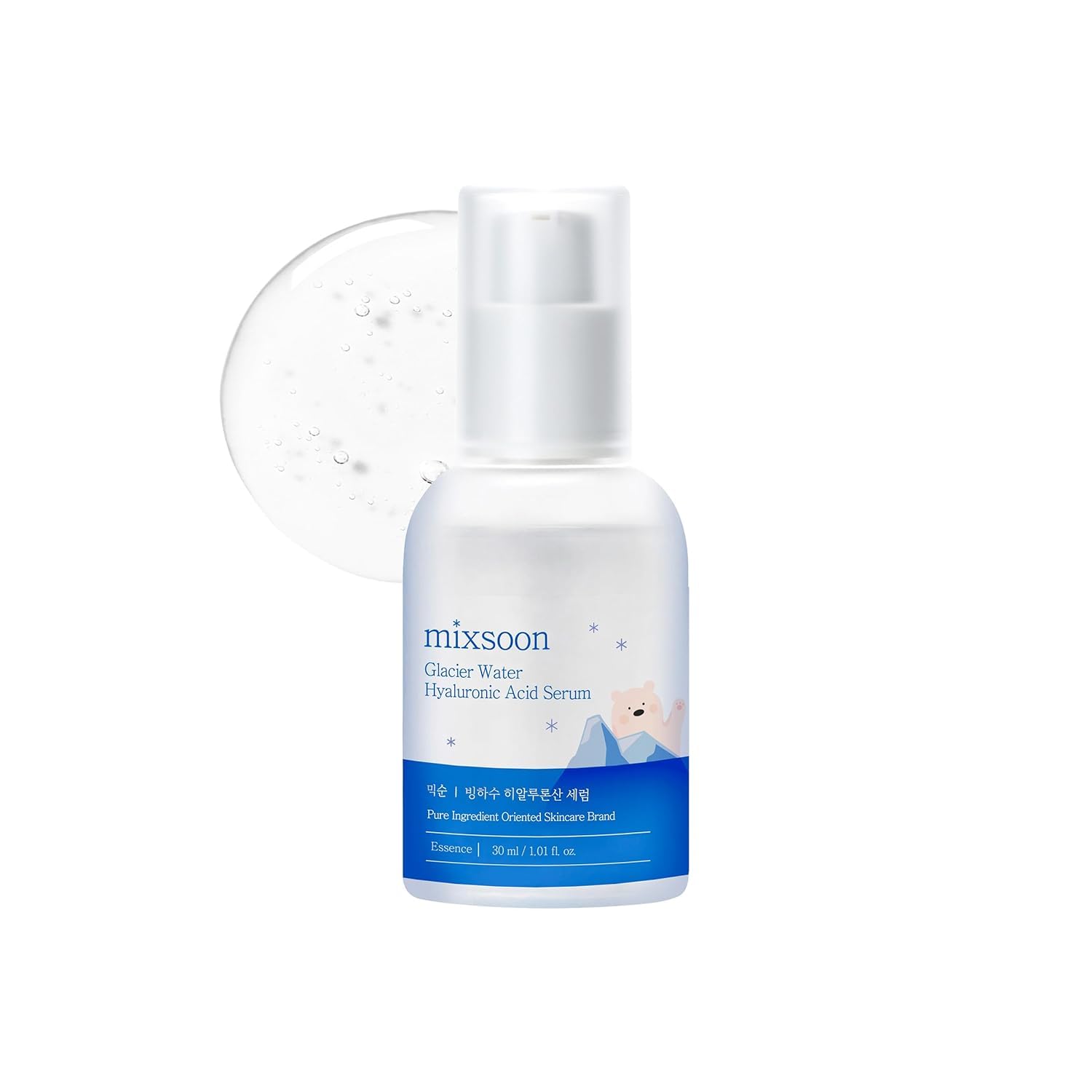 Mixsoon glacier-water-serum bottle closeup for hydration boost.