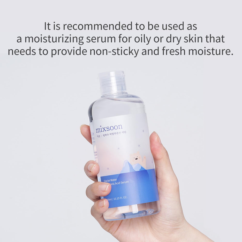 Mixsoon glacier-water-serum on cheek shows instant hydration.