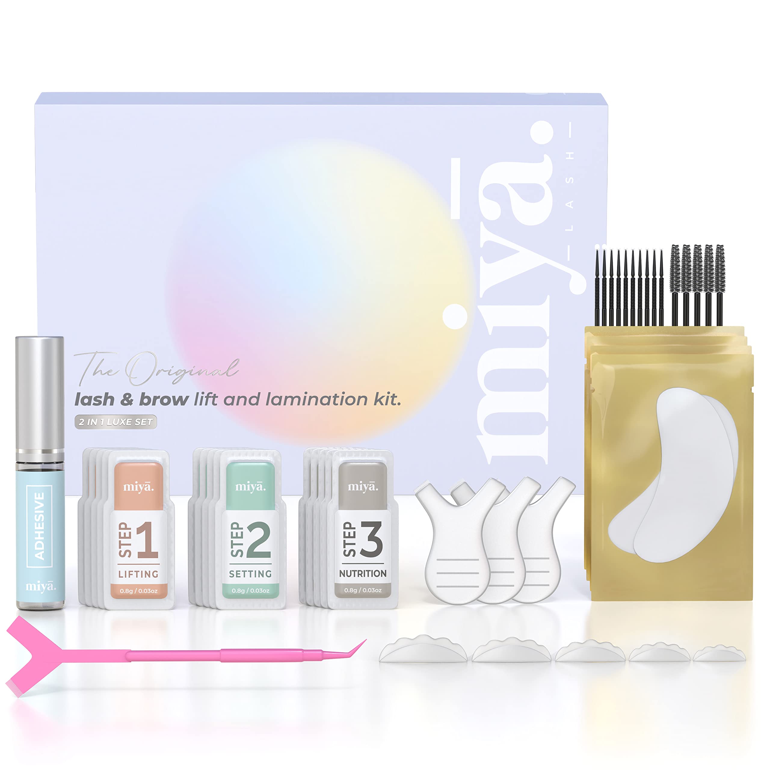MIYA LASH 2-in-1 kit box front for salon-grade at-home lash and brow lift.
