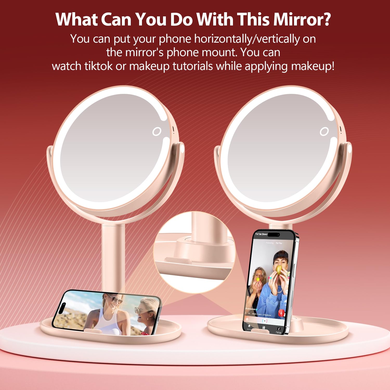 MIYADIVA makeup mirror in pink finish adds stylish vanity appeal.