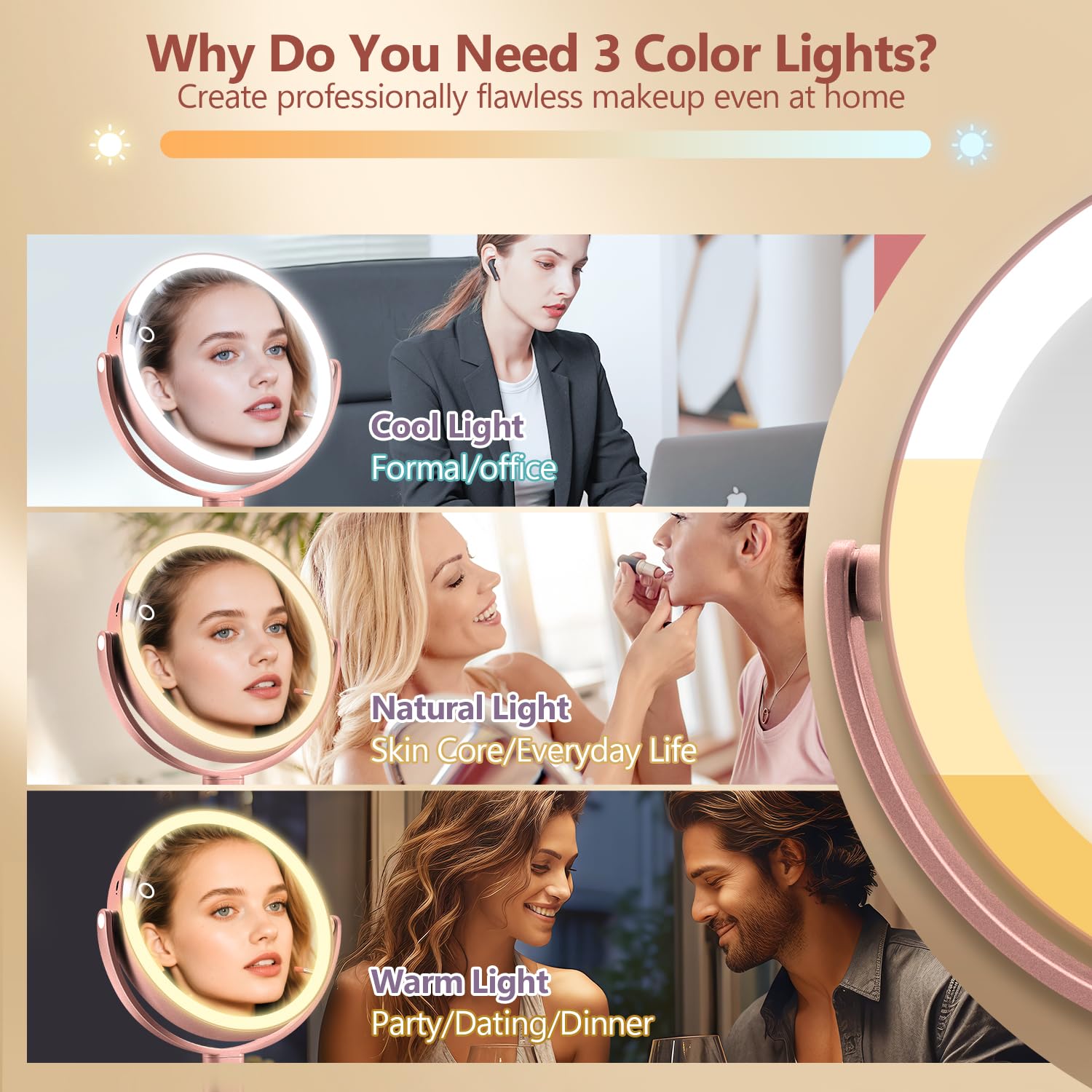 MIYADIVA rose gold desktop mirror adds elegant decor and practical lighting