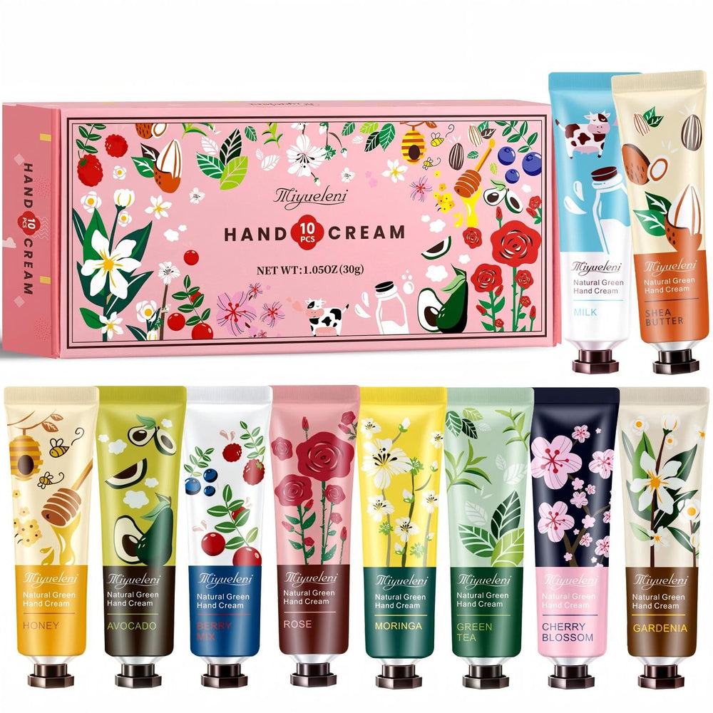 MIYUELENI 10-pack hand cream gift set showcases portable tubes for on-the-go hydration.