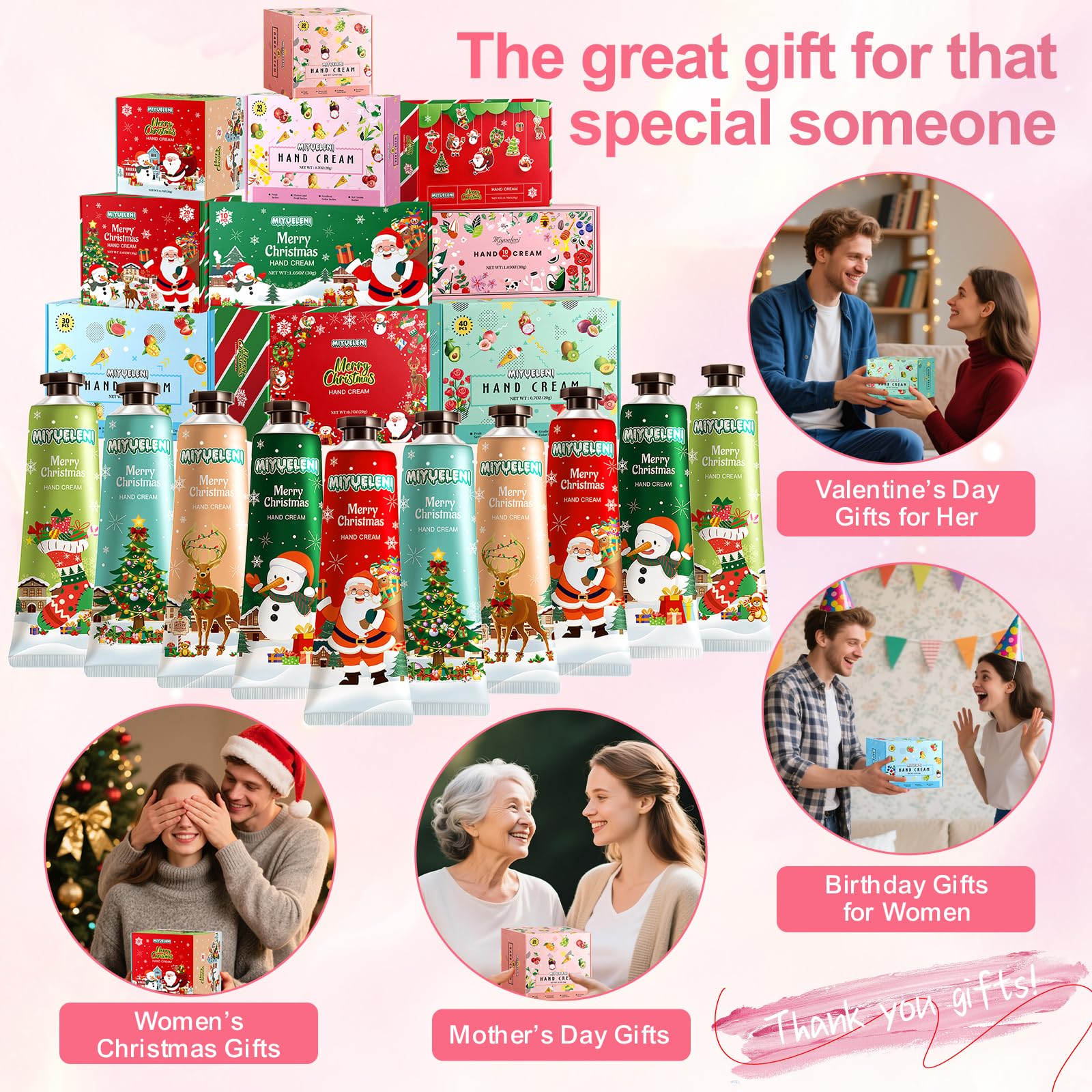MIYUELENI 20-pack hand creams closeup highlights five natural scents for festive gifting.