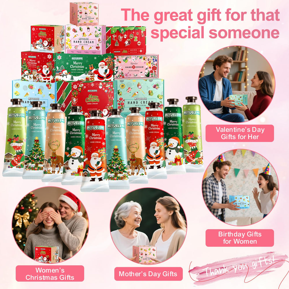 MIYUELENI 20-pack hand creams closeup highlights five natural scents for festive gifting.