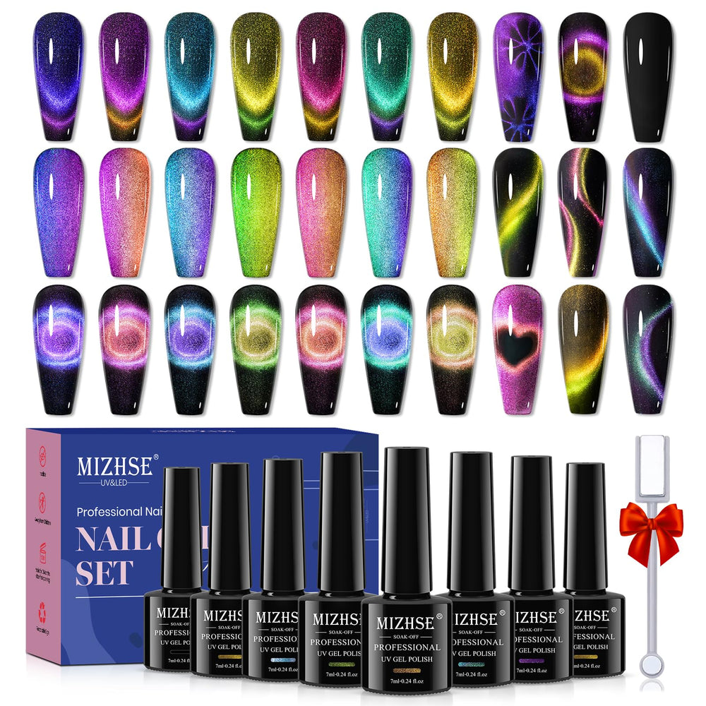 MIZHSE 8 Colors Cat Eye Kit front view shows vibrant magnetic polishes for at-home salon-quality nails.