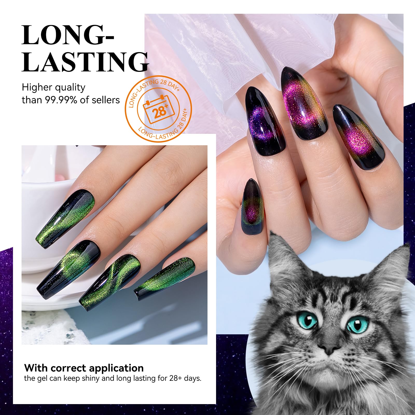 MIZHSE cat-eye gel with galaxy shimmer appears under different lighting.