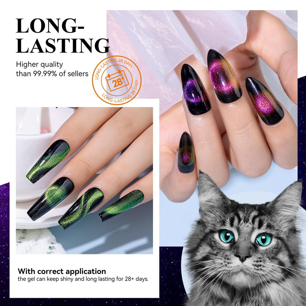 MIZHSE cat-eye gel with galaxy shimmer appears under different lighting.