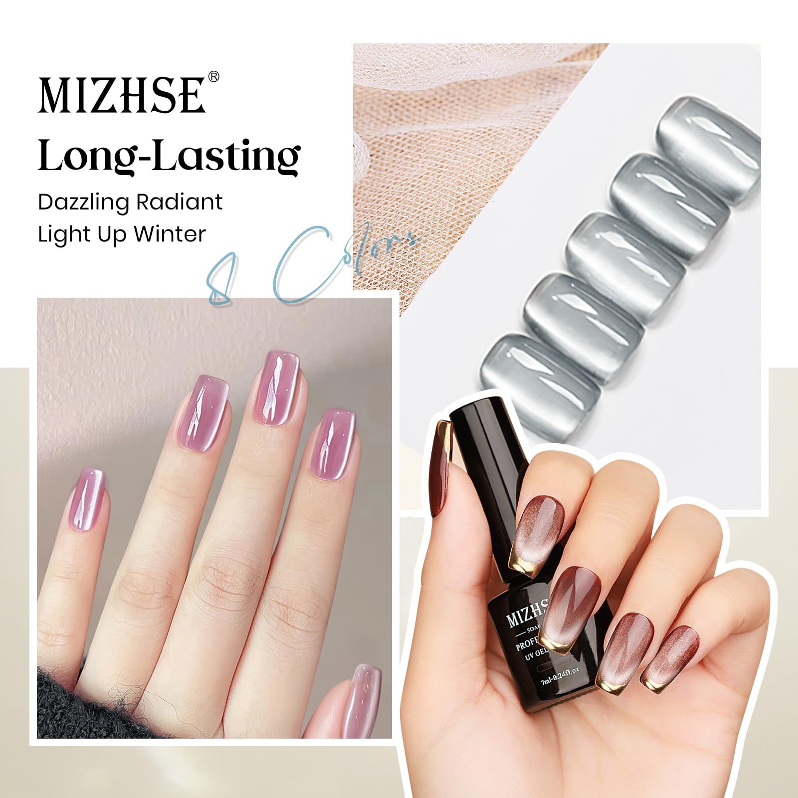 MIZHSE cat-eye gel polish swatch showing shine from different angles.