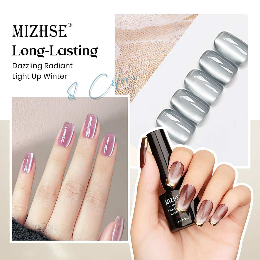 MIZHSE cat-eye gel polish swatch showing shine from different angles.