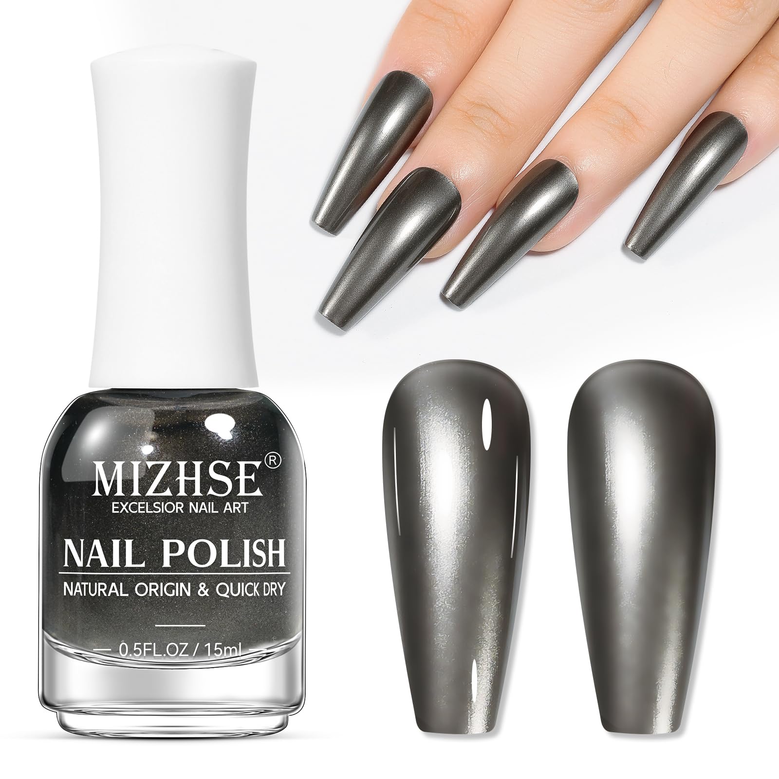 MIZHSE dark grey mirror nail polish bottle with chrome finish for chic daily wear