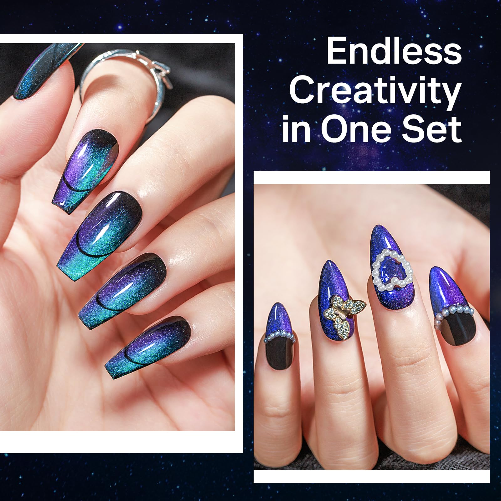 MIZHSE galaxy effect nail shimmer highlighting holographic gradient under different lighting.