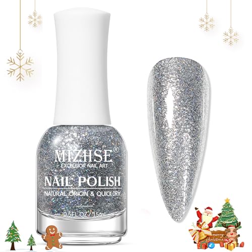 MIZHSE glitter silver nail polish bottle front with sparkling finish for salon-ready nails
