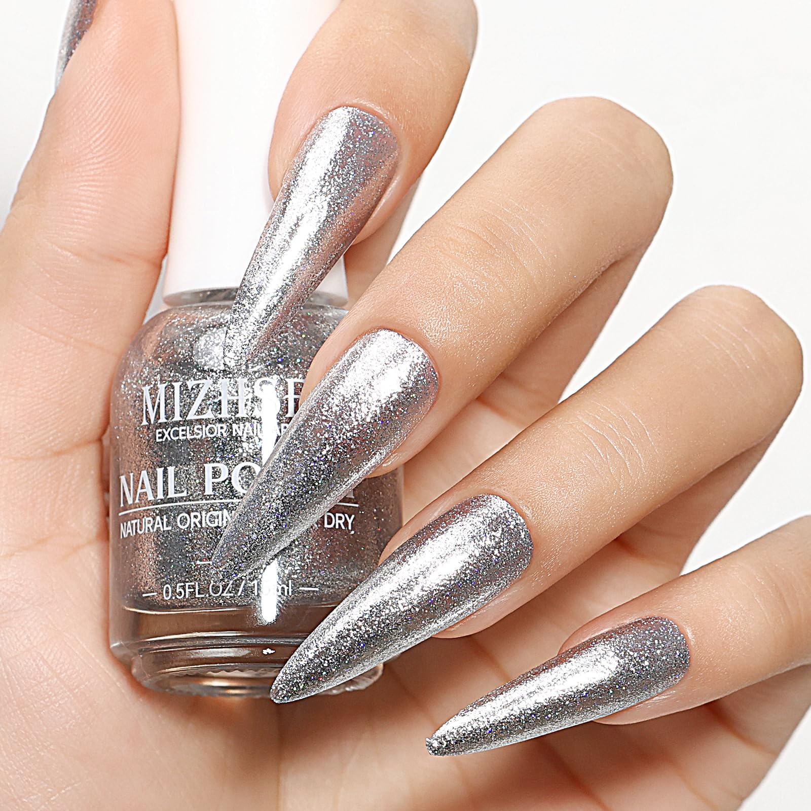 MIZHSE glitter silver nail polish dried finish closeup shows fast-drying shine