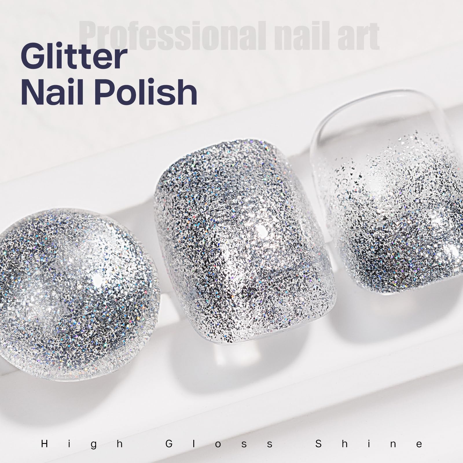 MIZHSE glitter silver nail polish on nails demonstrates bold sparkle and lasting wear
