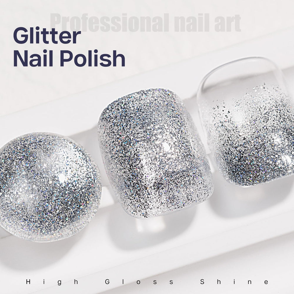MIZHSE glitter silver nail polish on nails demonstrates bold sparkle and lasting wear