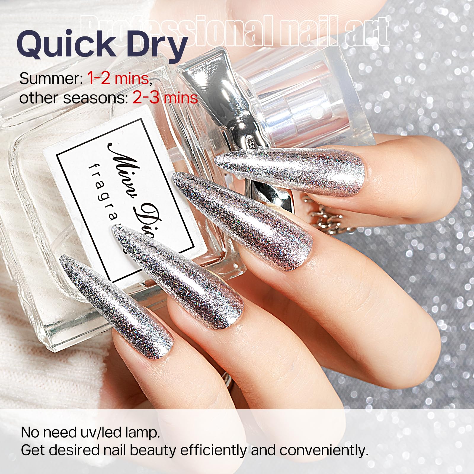 MIZHSE glitter silver nail polish swatches on nails show versatile shimmer