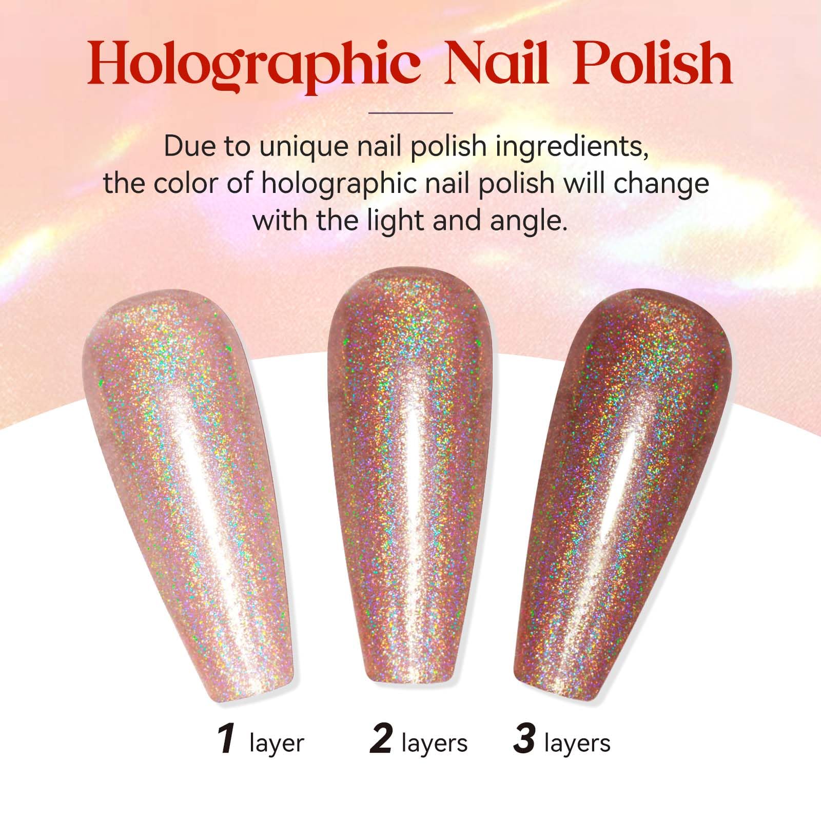 MIZHSE holographic nail polish close-up shows shifting rainbow effect with bright lighting