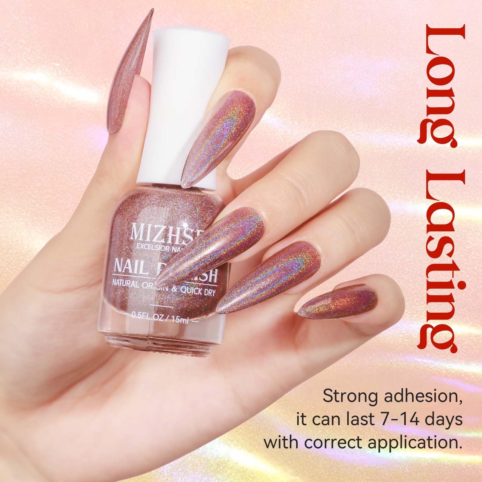 MIZHSE holographic nail polish on nails swatch to illustrate high gloss finish