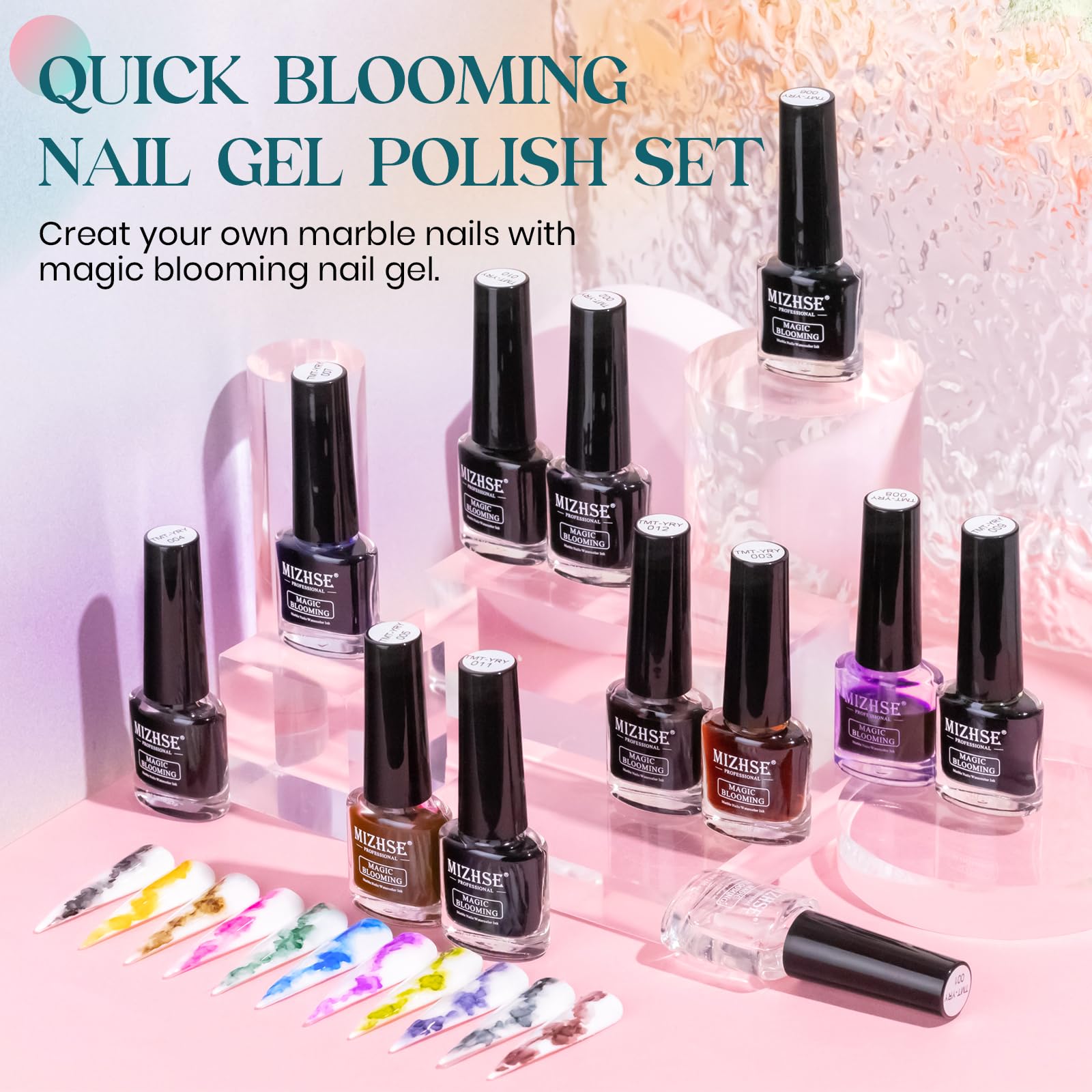 MIZHSE Watercolor Ink marble polish demonstrates bloom effect on nails