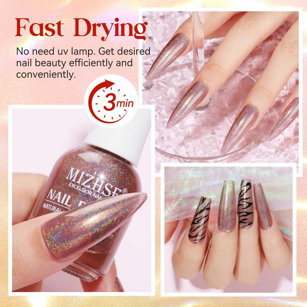 MIZHSE oil-based nail polish bottle display highlights fast air-dry capability without lamp