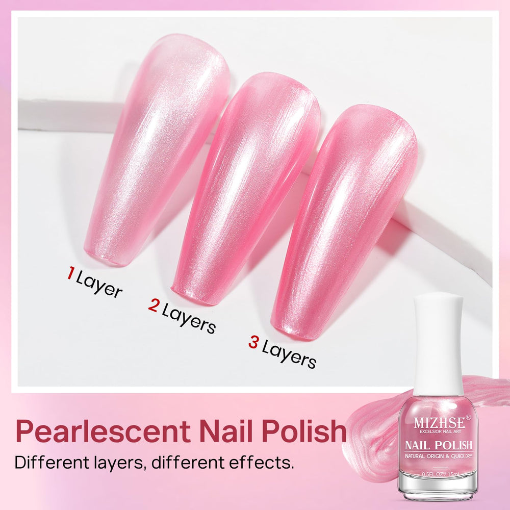 MIZHSE Pearlescent Rose Pink brush-stroke application for a fast manicure.