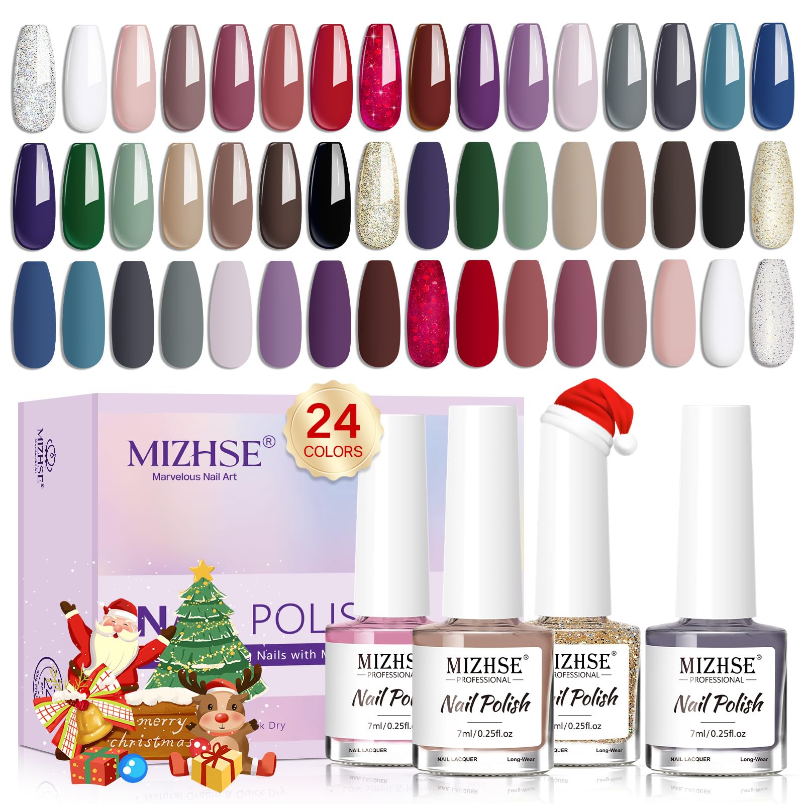 MIZHSE Quick Dry Nail Polish Set swatches display 24 colors for versatile looks