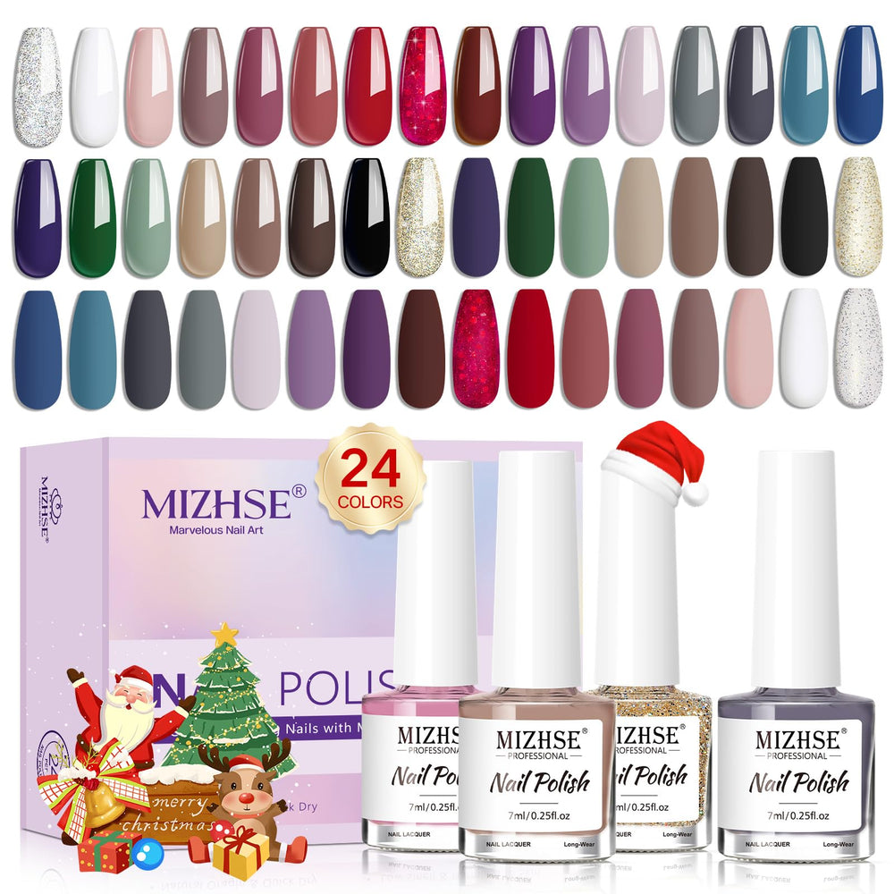 MIZHSE Quick Dry Nail Polish Set swatches display 24 colors for versatile looks