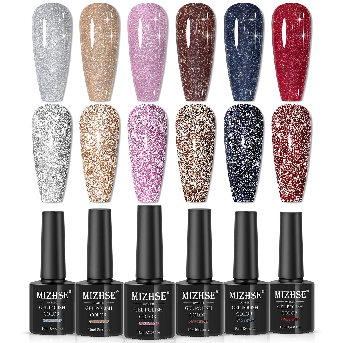 MIZHSE reflective glitter gel nail polish kit six colors for versatile at home manicure
