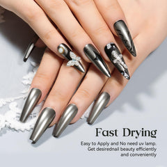 MIZHSE shiny chrome nail polish on nails demonstrates vibrant durable color