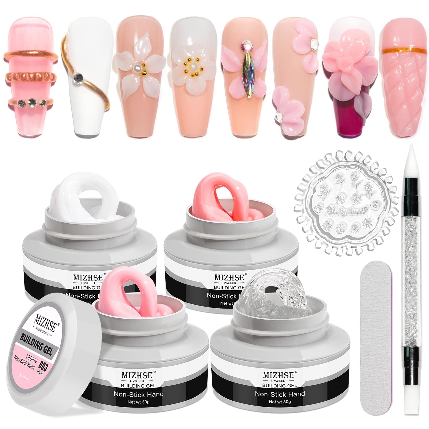 MIZHSE solid builder gel kit shown for nail extensions at home, with 36 tips