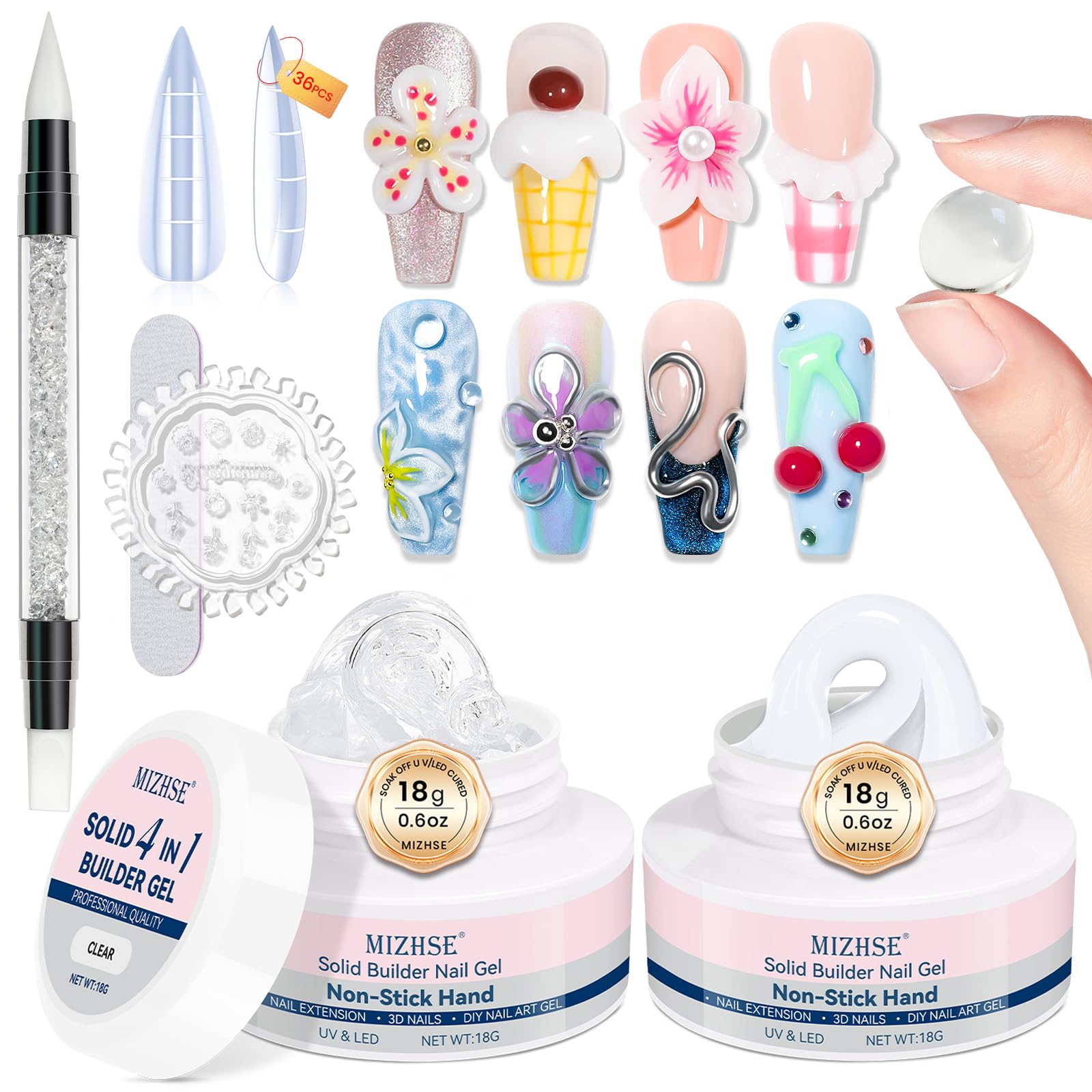 MIZHSE two-color solid builder gel setup showing smooth gel for nail extensions.