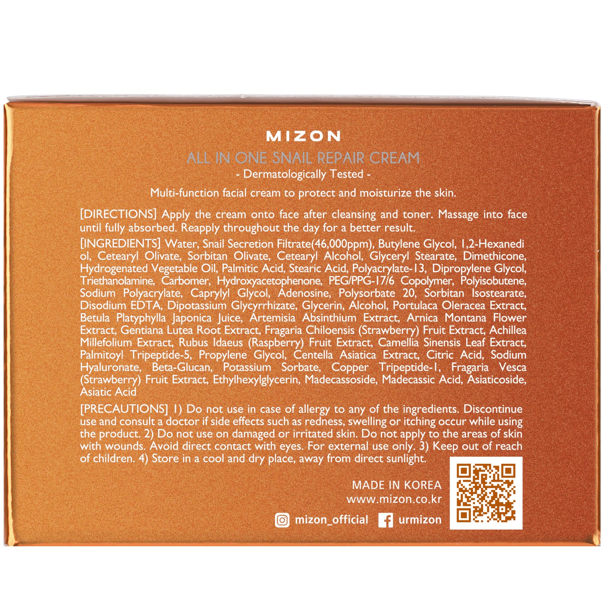 MIZON AllinOne snail repair cream packaging 4oz highlights daily routine.