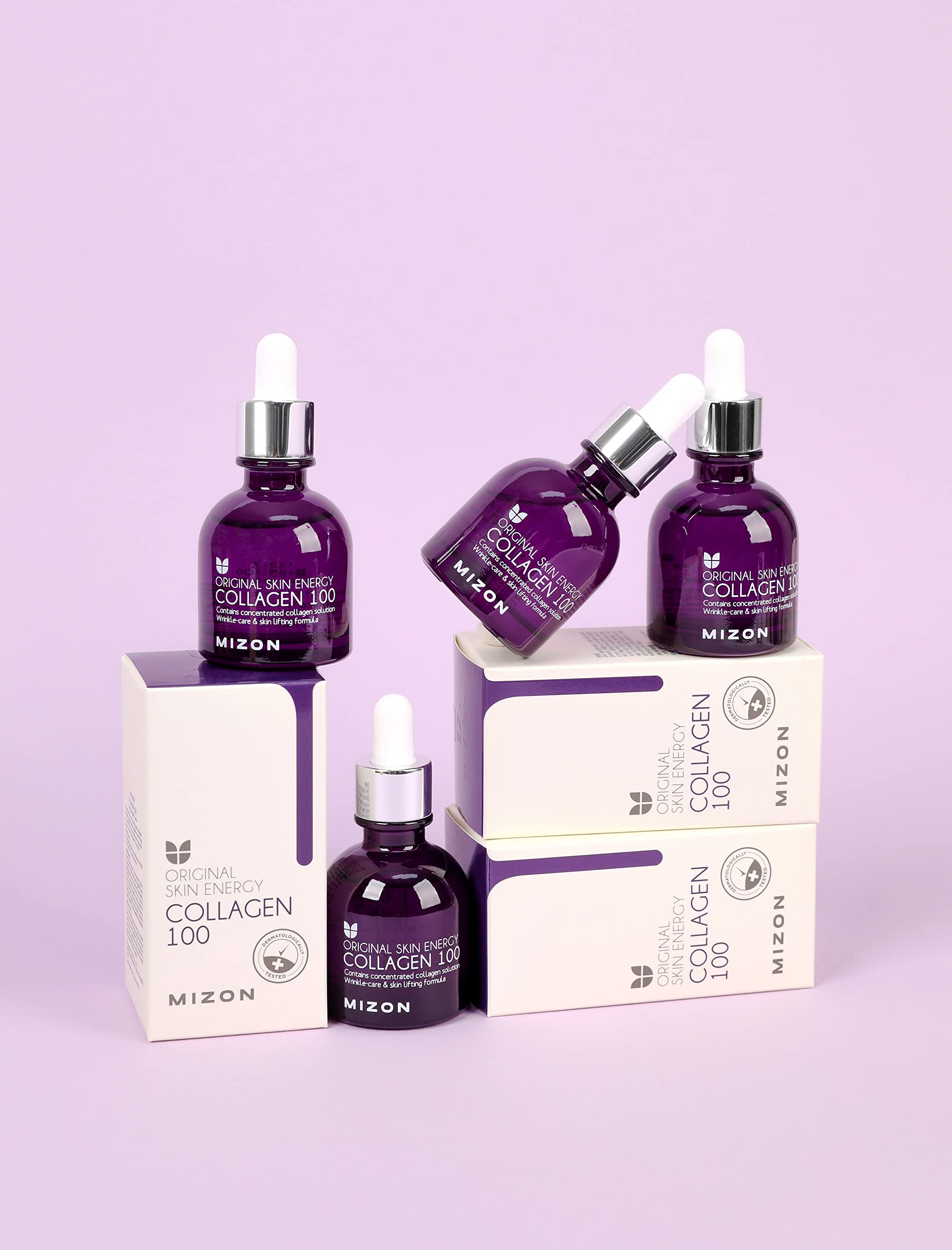 MIZON Collagen 100 ampoule packaging emphasizes travel-friendly size and care.