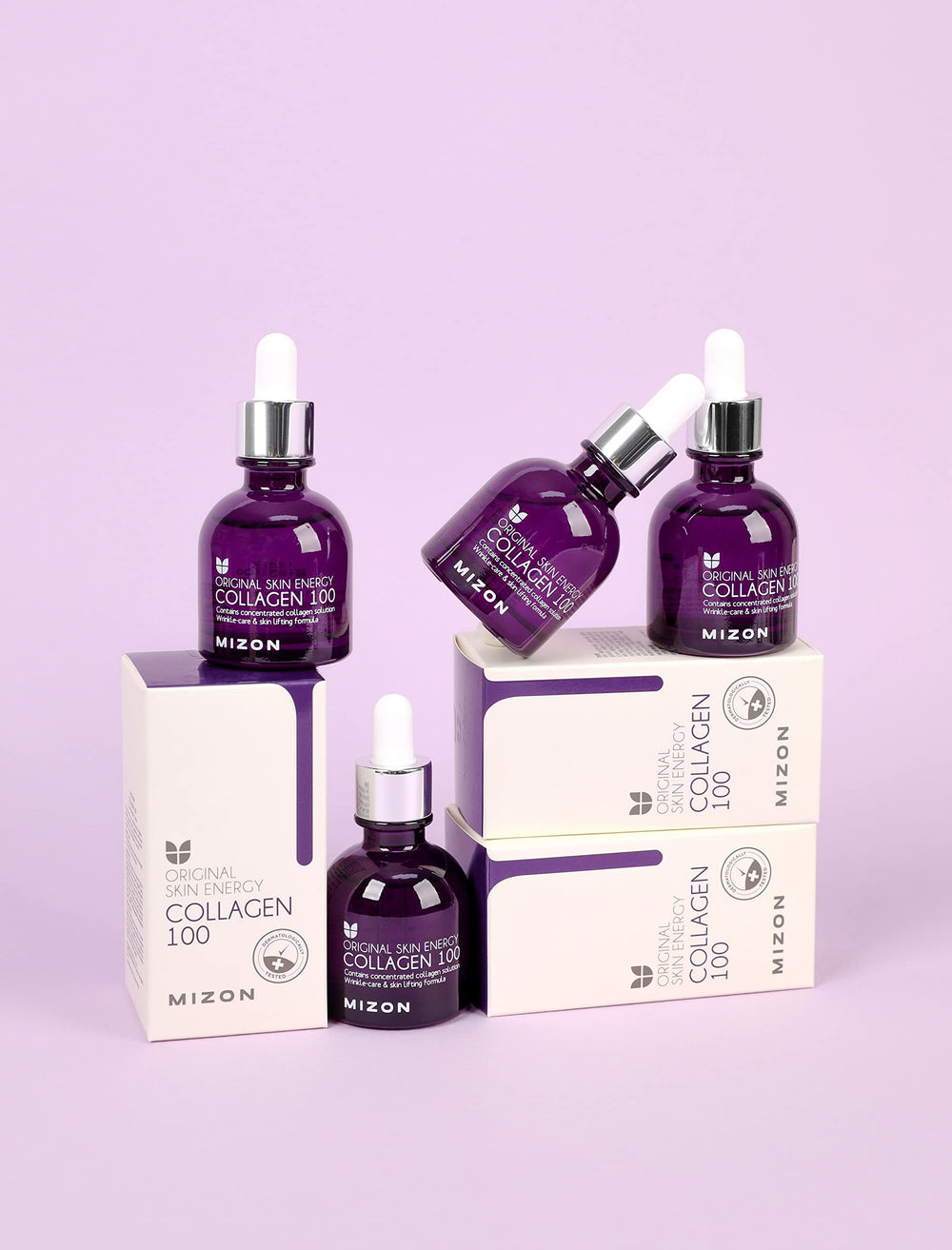 MIZON Collagen 100 ampoule packaging emphasizes travel-friendly size and care.
